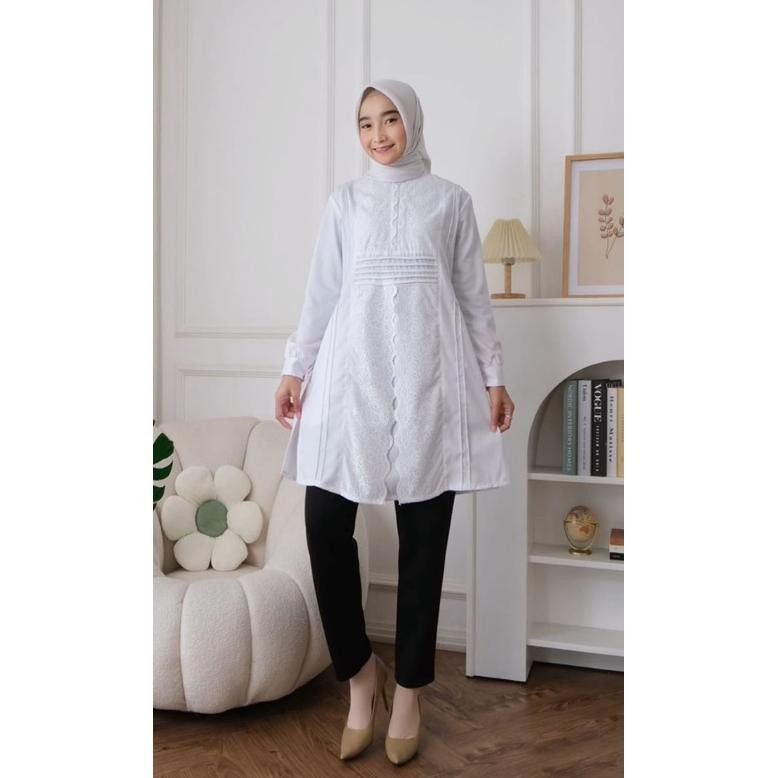 Ready Ambicollection Tunik Allara Atasan Wanita Putih Kerja Kantoran Formal Dan Non Formal