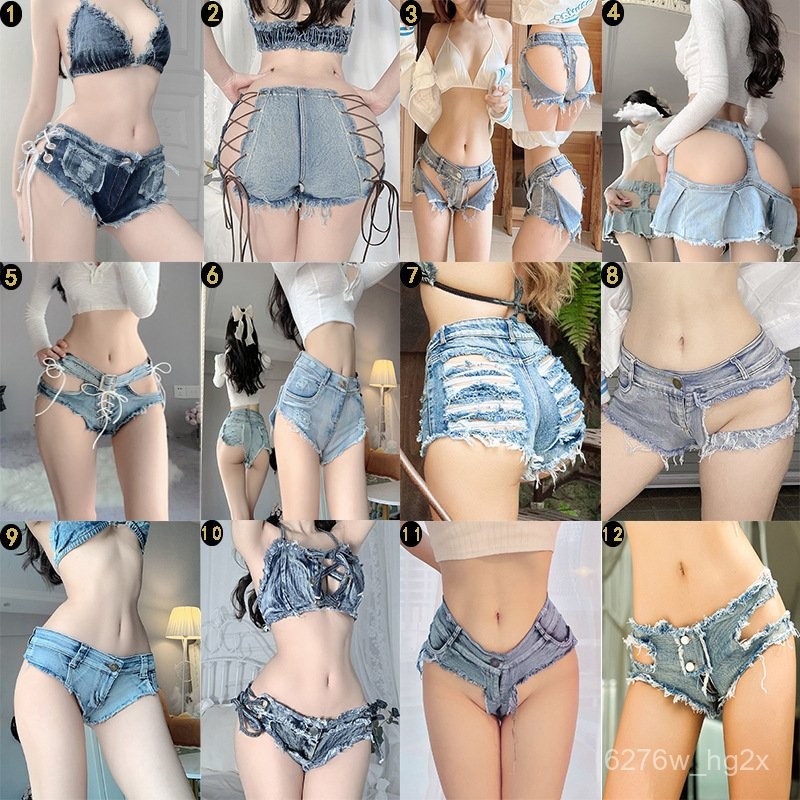Sexy and Alluring Women's Ripped Jeans Low Waist Zipper Open Crotch Shorts Nightclub Temptation Ling