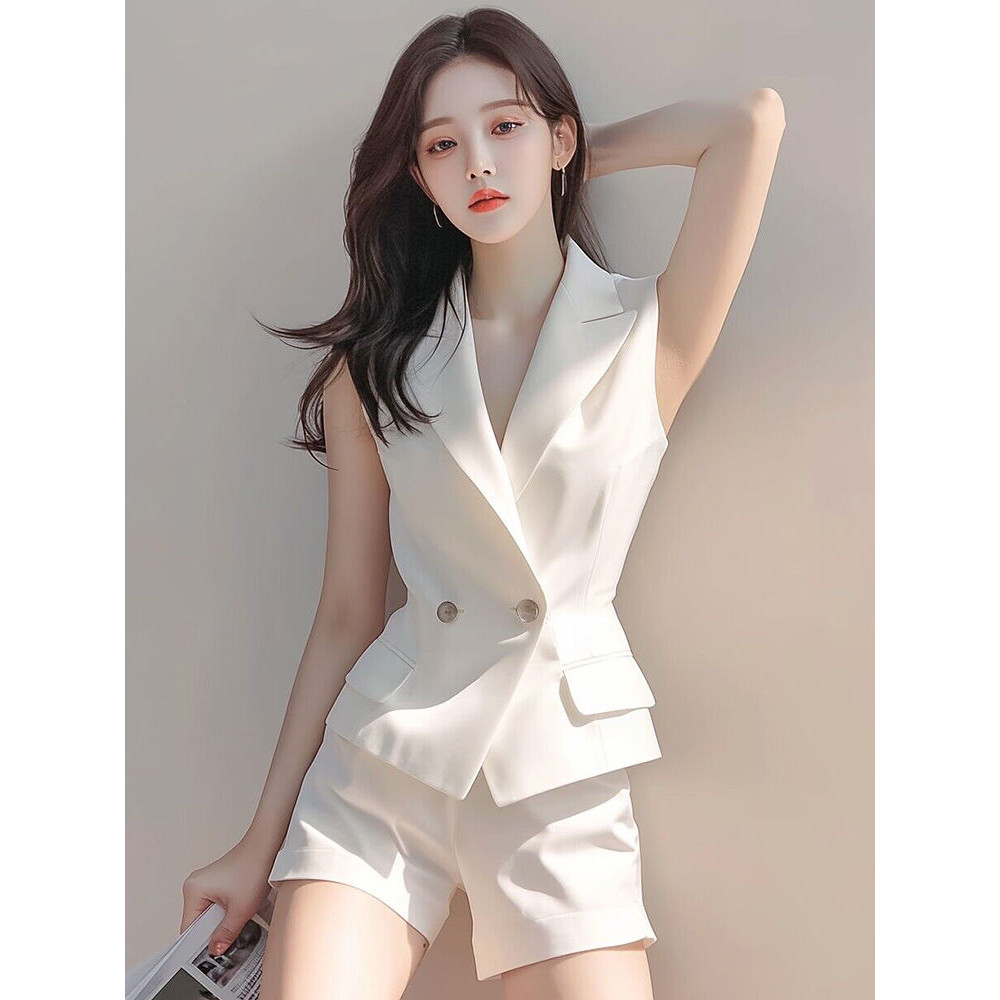 Set Dua Potong Blazer Elegan dan Profesional Wanita dengan Rompi dan Celana Pendek