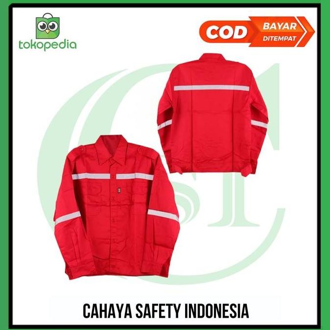 Tersedia Baju Seragam Kerja Safety Lengan Panjang Merah M-XXL