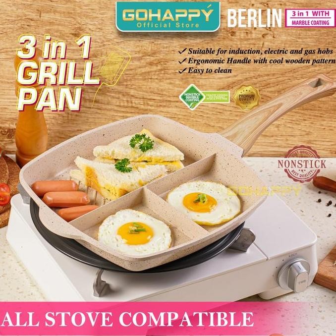 Panci Grill Pan 3 Sekat Anti Lengket - Berlin Go Happy Alat Pemanggang