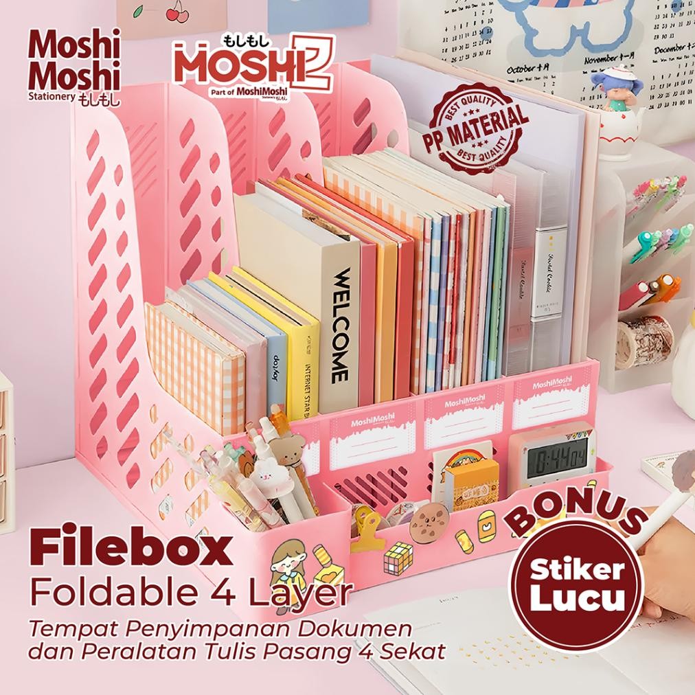 

File Box Foldable 4 Layer Organizer Book Storage Tempat Penyimpanan Dokumen Lipat Sekat Stiker Lucu