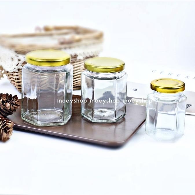 (Expert) JAR /BOTOL /TOPLES KACA HEXAGONAL 280ML TUTUP GOLD