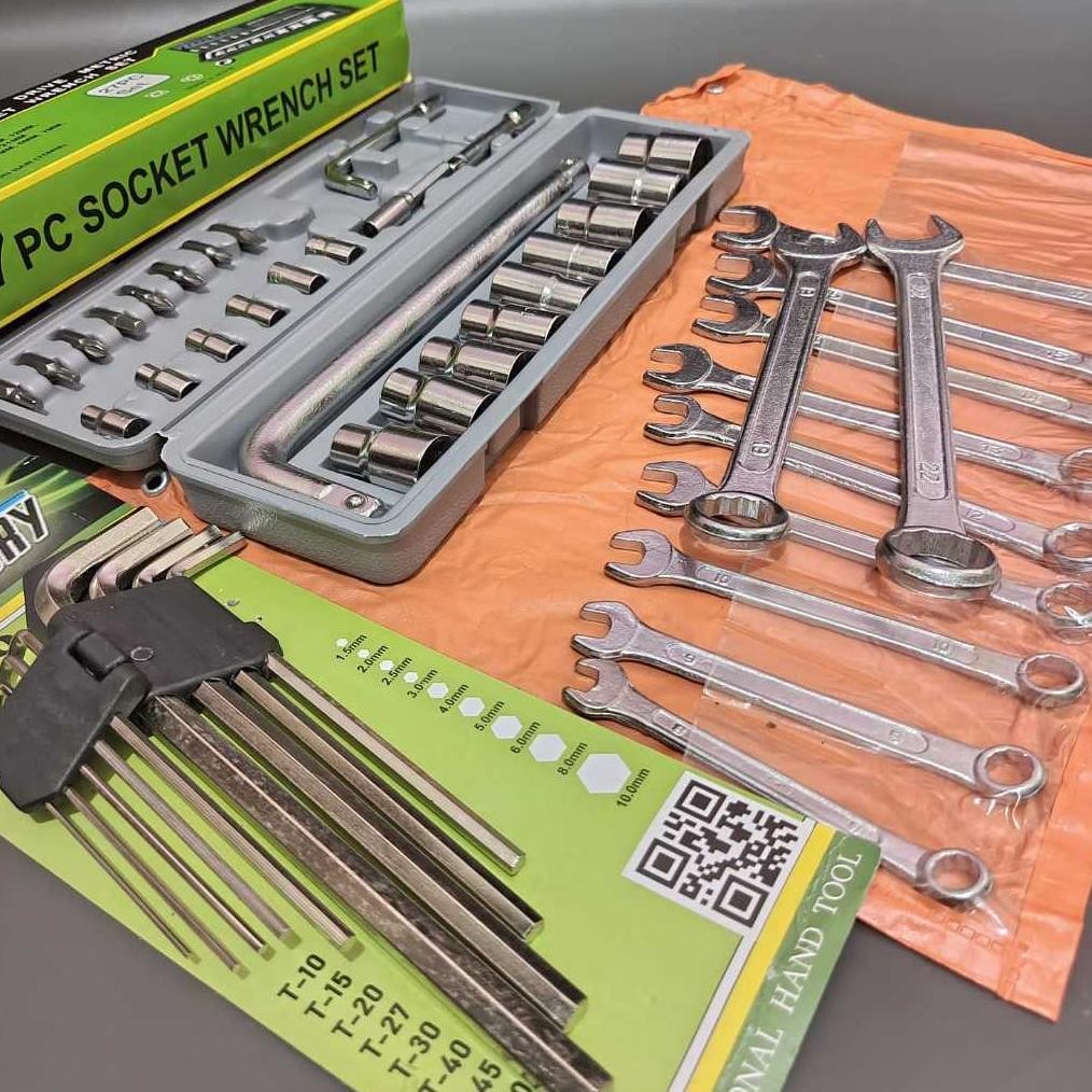 ''Terlaris" Paket Kunci Shock Sok Set 27 Pcs + Kunci Ring Pas 11 Pcs 8-24Mm + Kunci L Set 9 Pcs Panj