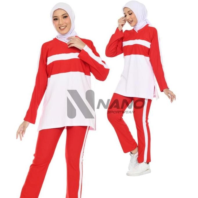 NANO || BAJU OLAHRAGA MERAH PUTIH / BAJU SENAM MUSLIM MERAH PUTIH PS