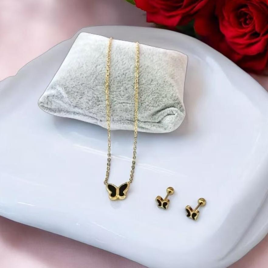Set kalung wanita titanium lapis emas model Butterfly / Kupu-kupu putih/hitam AST