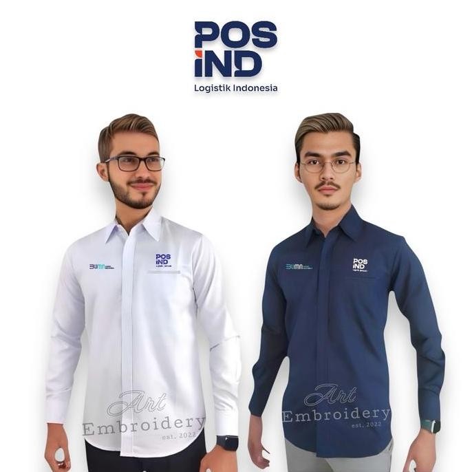 Tersedia Kemeja Seragam Pos Indonesia Full Bordir Pria - Wanita Navy Putih
