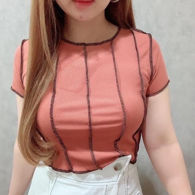 (Expert) Stitch Knit Crop Top Short Sleeve | Baju Kaos Atasan Lengan Pendek Model Terbalik Jahit Bol