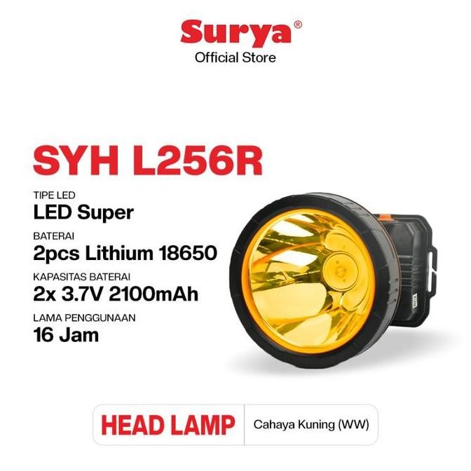 Surya Senter Kepala Led Super Terang Lithium Syh L256R Lampu Kuning Baterai Air