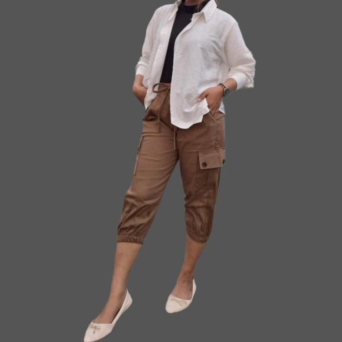 Tersedia ALENA 7/8 Casual Bawahan Cewek Kain Tebal Pinggang Karet Melar Tali Serut  Joger Cargo  Cel