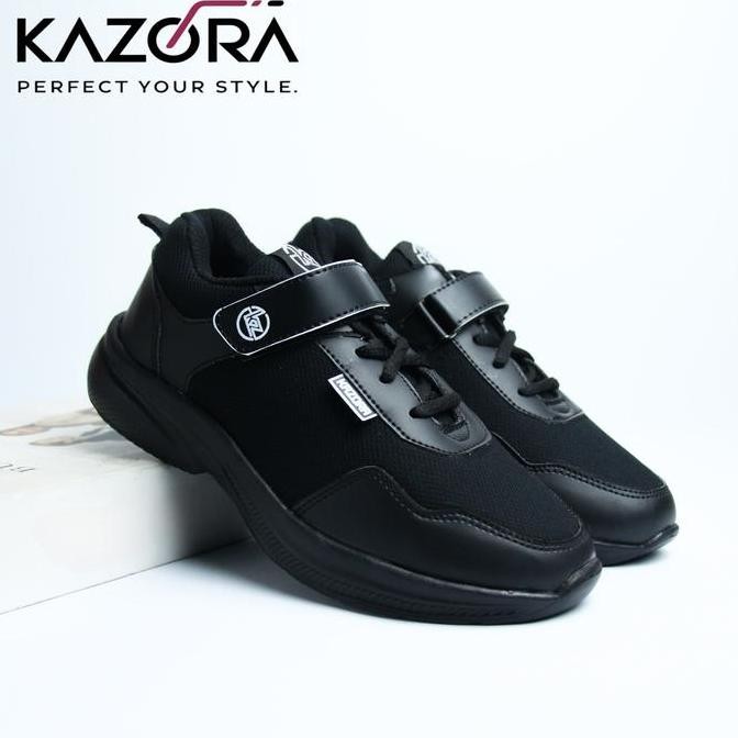 Tersedia KAZORA Original Sepatu Sekolah Anak Dan Dewasa Laki Laki Dan Perempuan Full Hitam Velkro Ta
