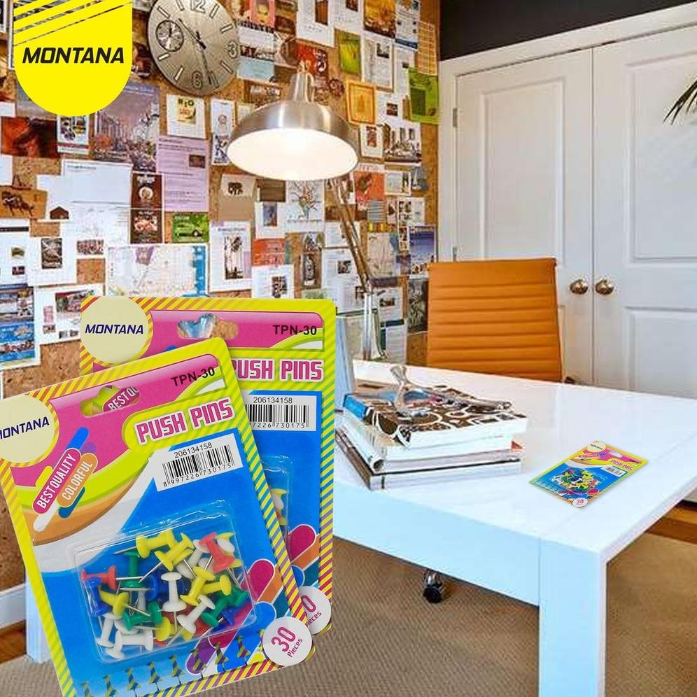 

MONTANA PUSH PIN JARUM TEKAN 30 PCS BEST QUALITY COLORFUL PAKU PIN MULTIWARNA TPN-30/RETAIL
