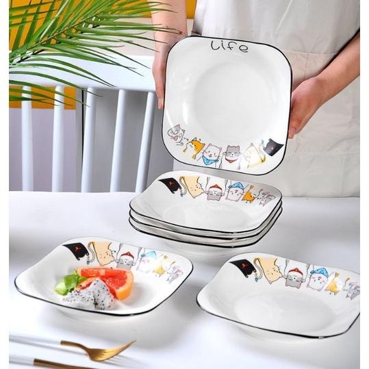 Piring Keramik Kotak Motif Kucing Piring Keramik Kotak