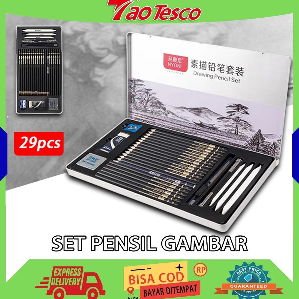 

(ORI,COD)Drawing Pencil Gambar Set 29pcs Metal Tin Box Pensil Gambar Lukis Sketsa Lengkap Paket AST