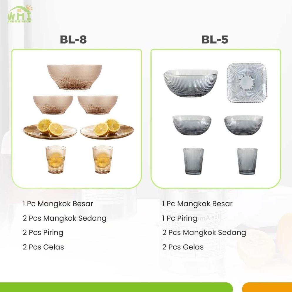 World Home Set Mangkok Piring Gelas Kaca Isi 6 Set Peralatan Makan Gelas Cantik Souvenir Kado BL-8