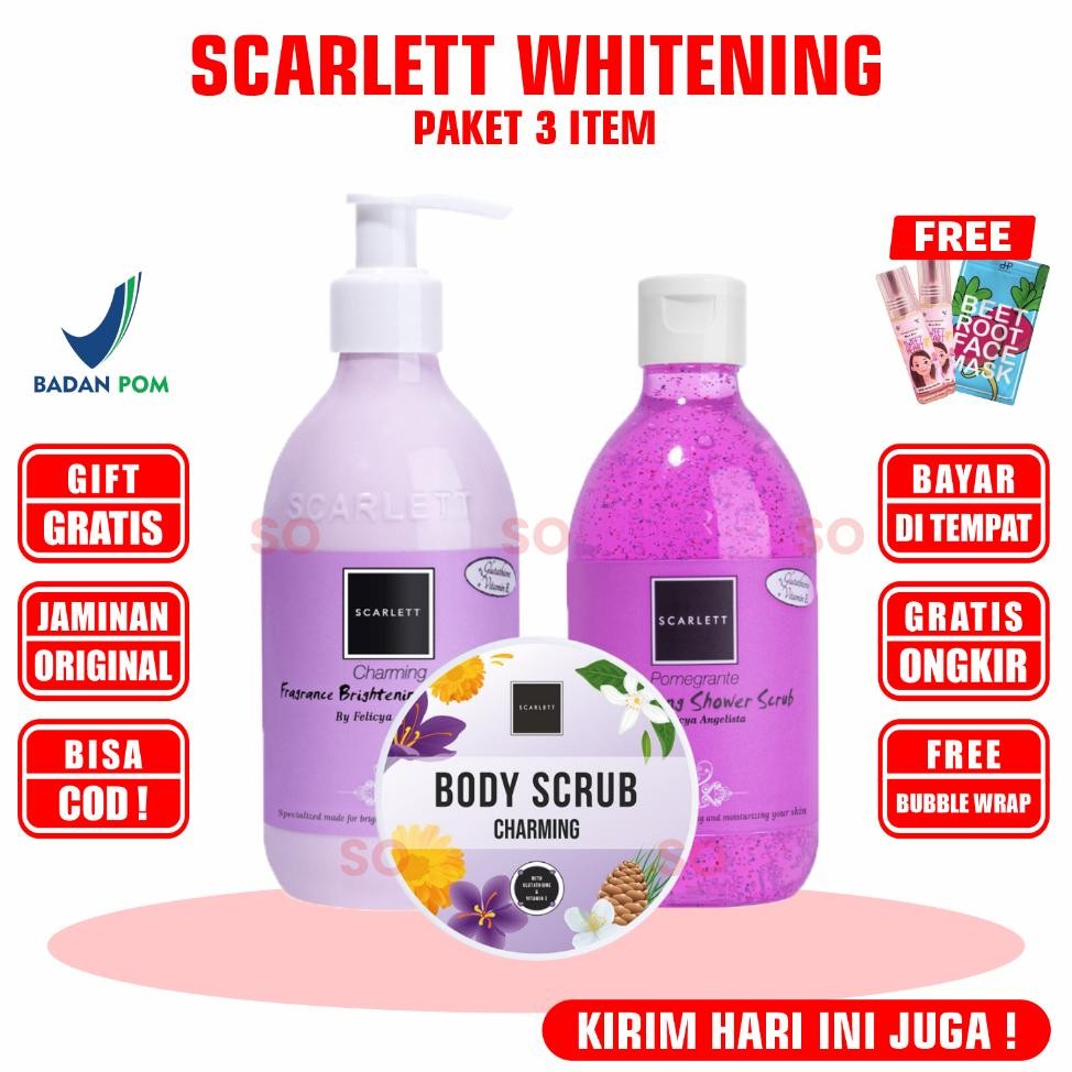 Scarlett Whitening Paket 3 Item Free Bubblewrap Resmi 1 Sepaket Body Lotion Scrub Serum Toner Cream 