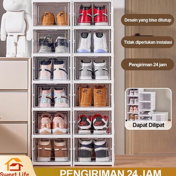 Tersedia [COD] Kotak Sepatu Lipat 6 Lapis Penyimpanan Transparan Anti Oksidasi Rak Sepatu Coklat Hit