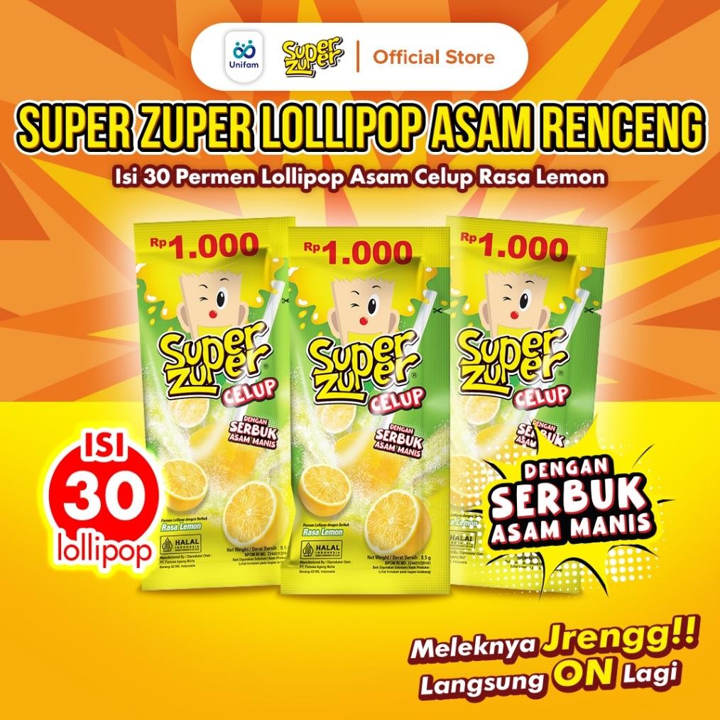 

Super Zuper Permen Lolipop Asam Celup Serbuk Buah - Sour Candy 1 Bag (Isi 30Pcs) - Lemon