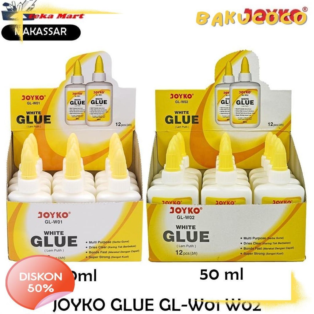 

[Box/12Pcs] Joyko White Glue Gl-W01 Gl-W02 Lem Putih Diskon Setengah Harga