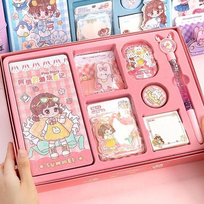 

READY [Raiinbow] Aqiao Cute Diary Journal Set 7in1 Korea Style Cute Stickers Set Buku Catatan Harian Gift Set Diary Book Paper NEW