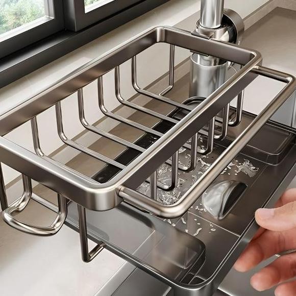 Rak Organizer Wastafel Dapur Tempat Sabun Spons Rak Aluminium Penyimpanan Tempat Kain Pencuci Piring