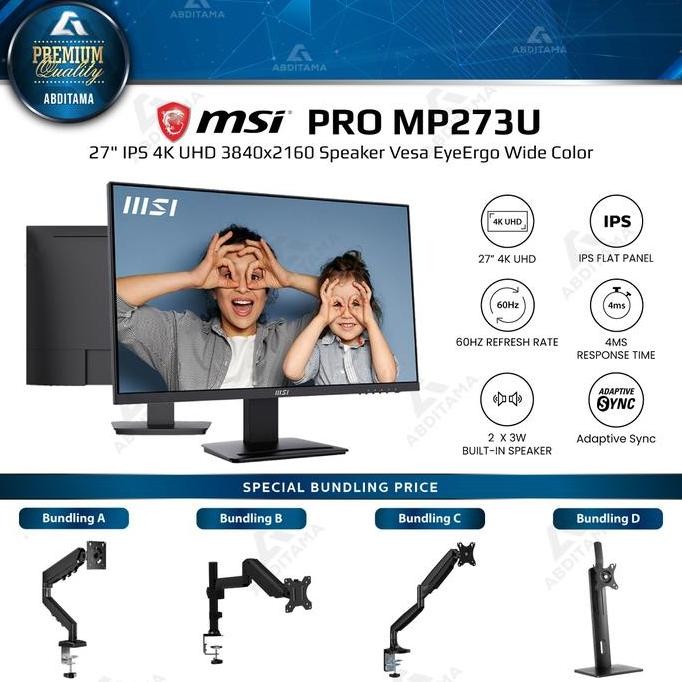 Monitor LED MSI Pro MP273U 27" IPS 4K UHD 3840x2160 HDMI x2 DP x1 Speaker Vesa EyeErgo Anti Flicker 