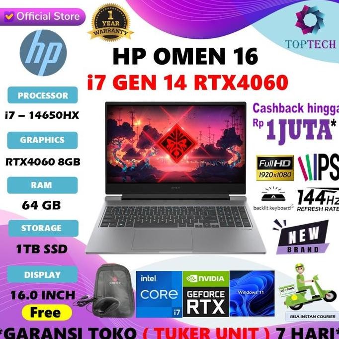 HP OMEN 16 CORE i7 14650HX RTX4060 - 64GB 1TB W11 16" FHD 144Hz