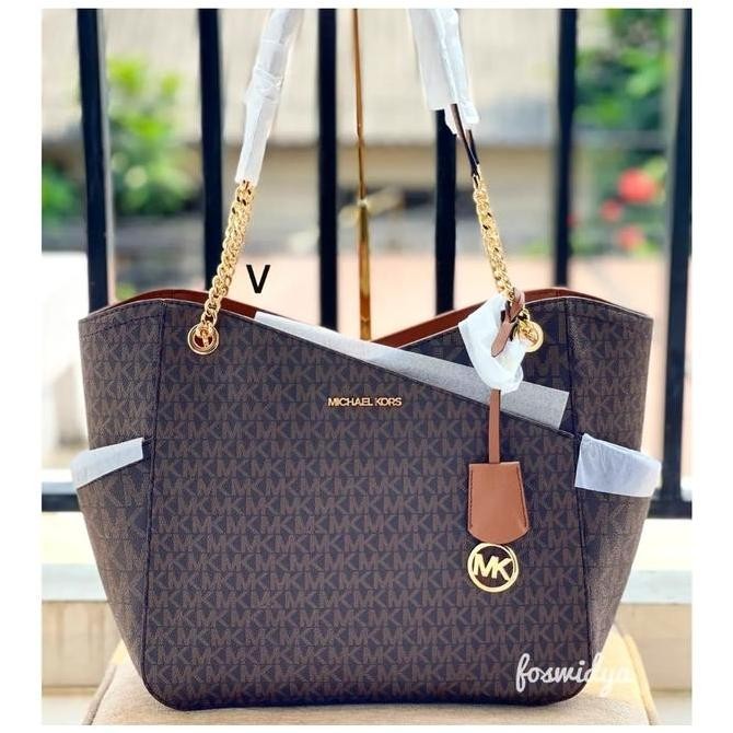 Murah Tas Mk Jet Set Travel Large Chain Shoulder Tote Signature Brown Nwt
