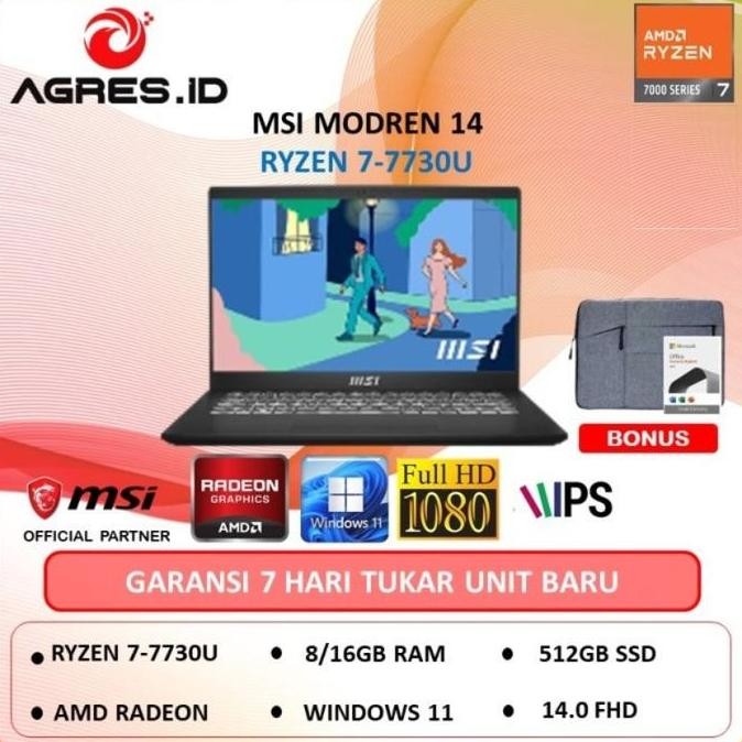 MSI MODERN 14 RYZEN 7 7730U 16GB 512GB SSD WIN11+OHS 14 FHD IPS