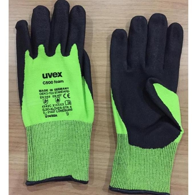 Murah Uvex C500 Foam 6049408 , Safety Gloves, Size 8&9, Black-Green Colour