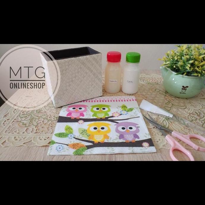 

ready Paket Decoupage Hemat / Tisu Motif, Lem, Varnish, Gunting, Kuas Deco