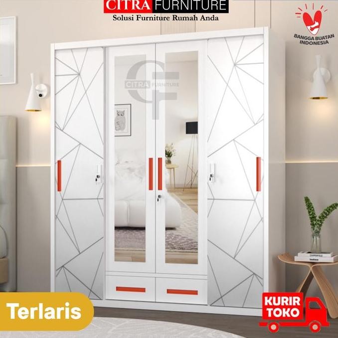 Lemari Pakaian Besi 4 Pintu Sliding Minimalis | Lemari Baju Sleding