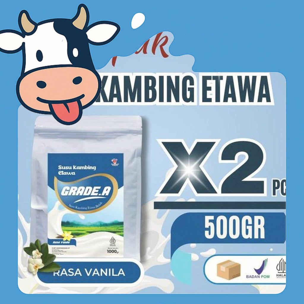 

Diskon Paket 2Pcs Susu Kambing Etawa Bubuk Grade.A Kemasan 500Gr Rasa Vanila