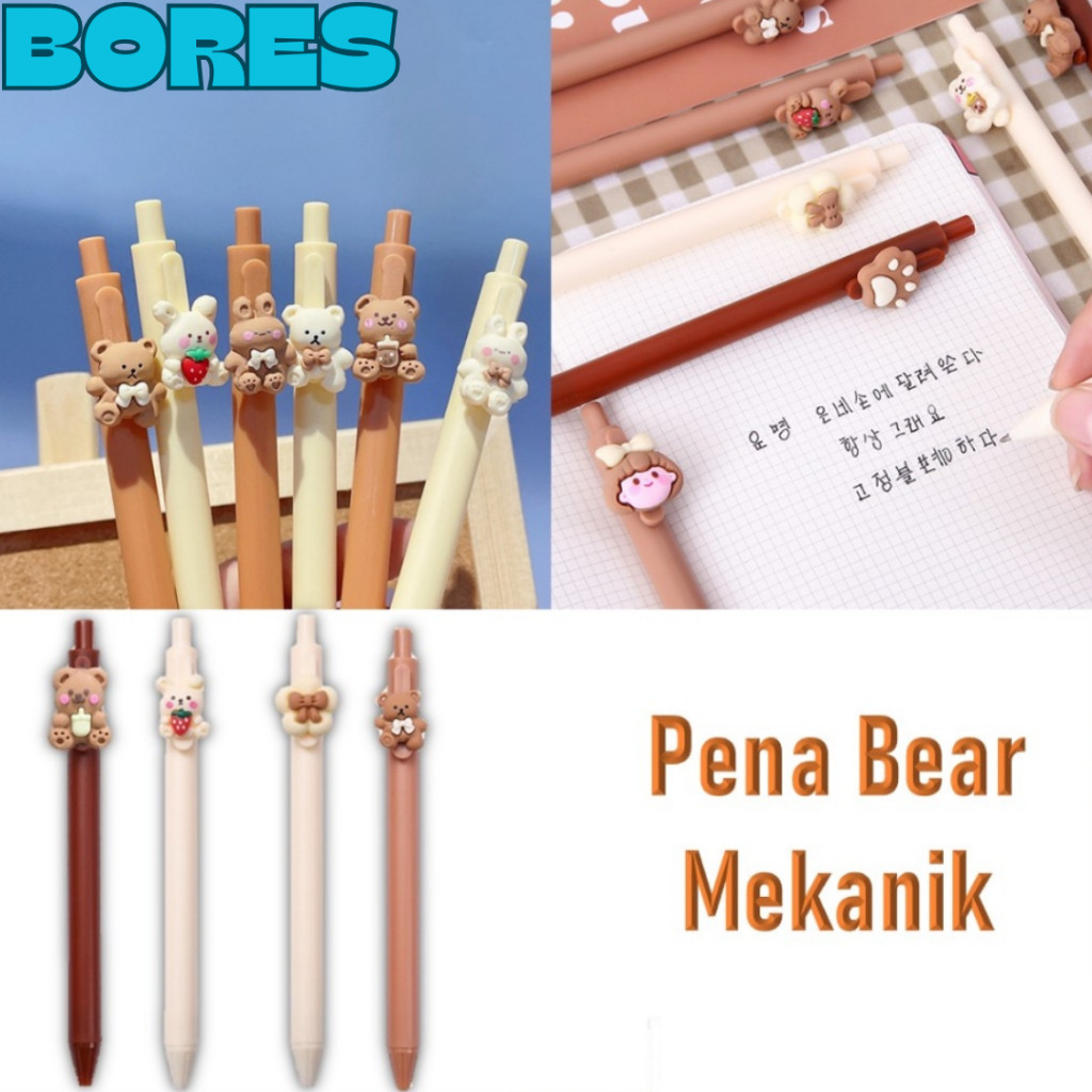 

BORES Pena Cetekan Karakter Bear Pita Lucu Pulpen Tinta Gel Cair Hitam Motif Beruang Unik Alat Tulis Sekolah Kantor Stationary Murah