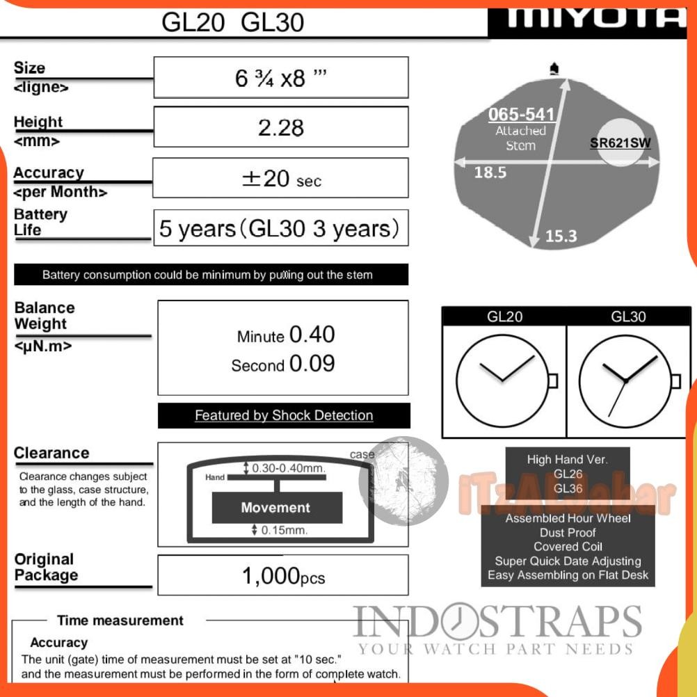 GL20 Mesin jam tangan Miyota GL20 Movement Miyota 2 jarum RB