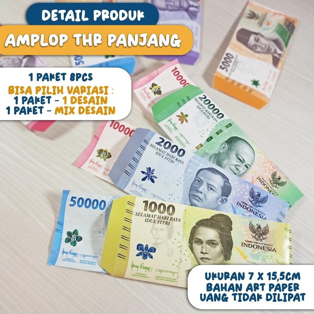 

Custom Amplop Lebaran / Amplop THR Panjang Model Uang Mainan 1 Paket 8pcs RB07