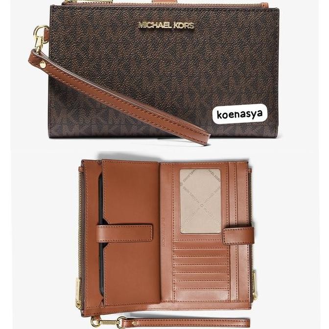 Promo Mk Wallet Jet Set Travel Large Double Zip Wrislet Brown New