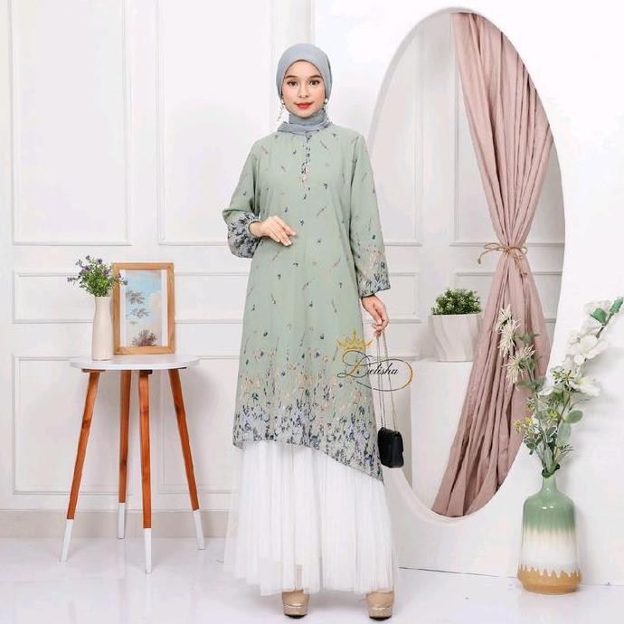 Delisha - Alma Tunik Sage Ceruty Baby Doll Premium Berfuring Mewah Busui