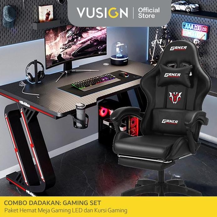 Terlaris [Combo Dadakan Set Gaming 2] Led Gaming Table & Chair Package/Paket Hemat Set Meja Gaming L
