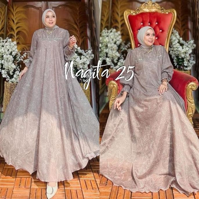 NAGITA DRESS PREMIUM ORGANZA PRINT by OHC Gamis Muslim Wanita Payet Cantik