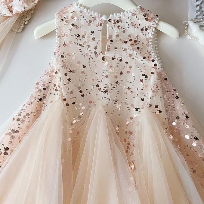 Sale [Kidsfashionkoleksi] 1013 Dress Neckpearl Peach Gold Manik Mute + Pita Veil Anak Perempuan