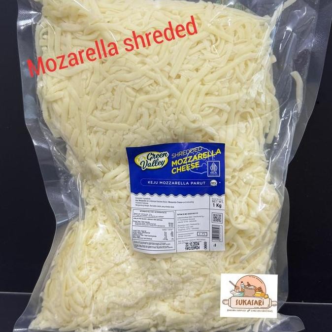 

Promo Green Valley Mozarella Shreded 1Kg Moza Keju Pizza Parut Tabur Mozza