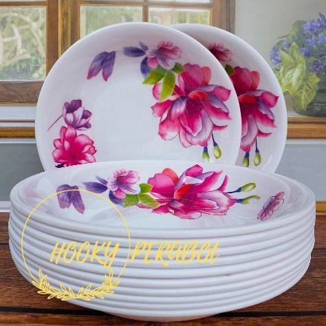 ASLI 12 PCS PIRING MELAMIN BESAR CEKUNG MOTIF VIOLET 9 INCH TEBAL ELEGAN