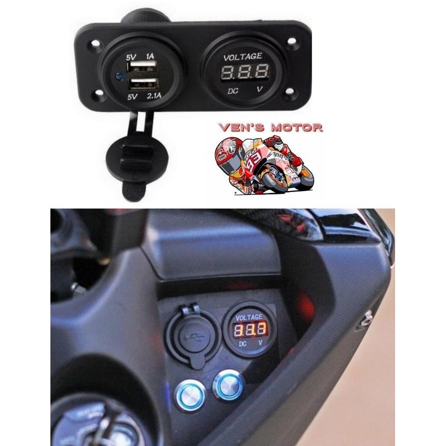 Promo Charger Motor Nmax Dual USB Port Dengan Volmeter Waterproof COD