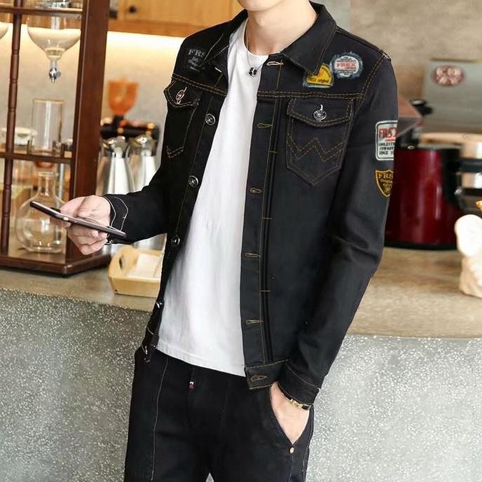 JAKET JEANS TEMPEL HITAM PRIA WANITA Panjang Motif Blazer Casual Formal daps