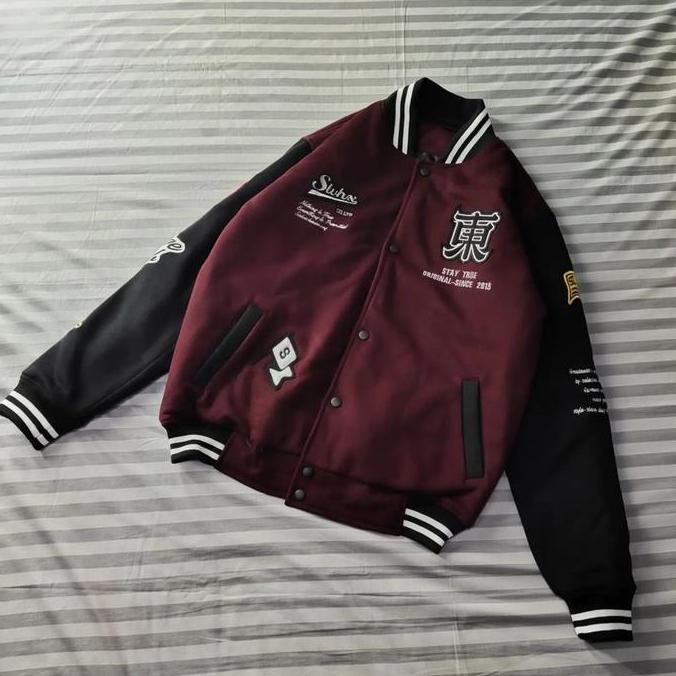 Varsity Baseball Jacket Pria Slvhx Stay True Maroon Series (Best Quality)