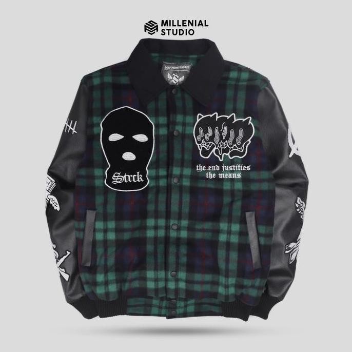 Varsity Jacket Criminal Green | Jaket Varsity Kerah Flannel Pria Full Bordir Original / Jaket Baseba