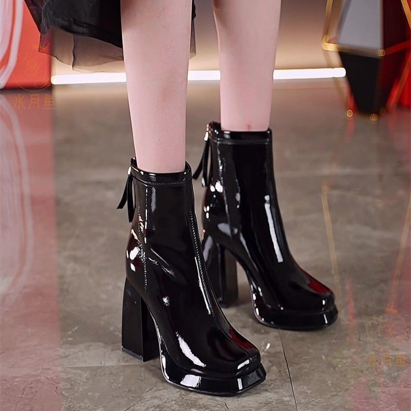 New square-toe platform heeled boots waterproof platform heel back zip sandals