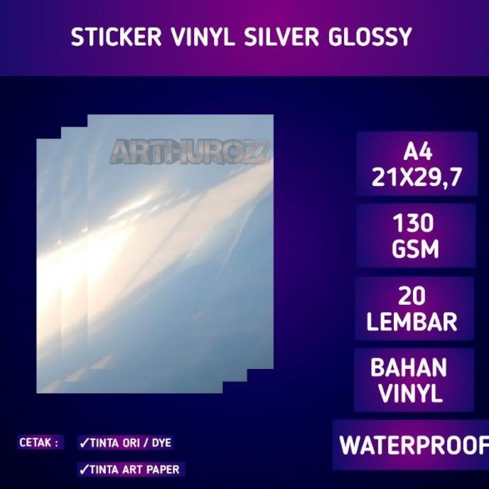 

KERTAS STICKER vinyl SILVER GLOSSY A4 isi 20 lembar tahan air/stiker vinil PET silver mengkilap WATERPROOF