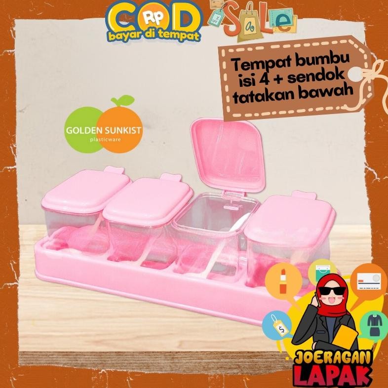 Tempat Bumbu Isi 4 + Sendok Dan Tatakan Golden Sunkist Wadah Bumbu Bubuk Dapur Set Toples Plastik Ga